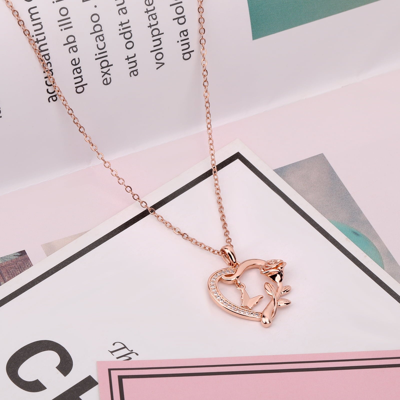 Heart Necklace for Women 14k Plated CZ Rose and Butterfly Jewelry for Women 's Day