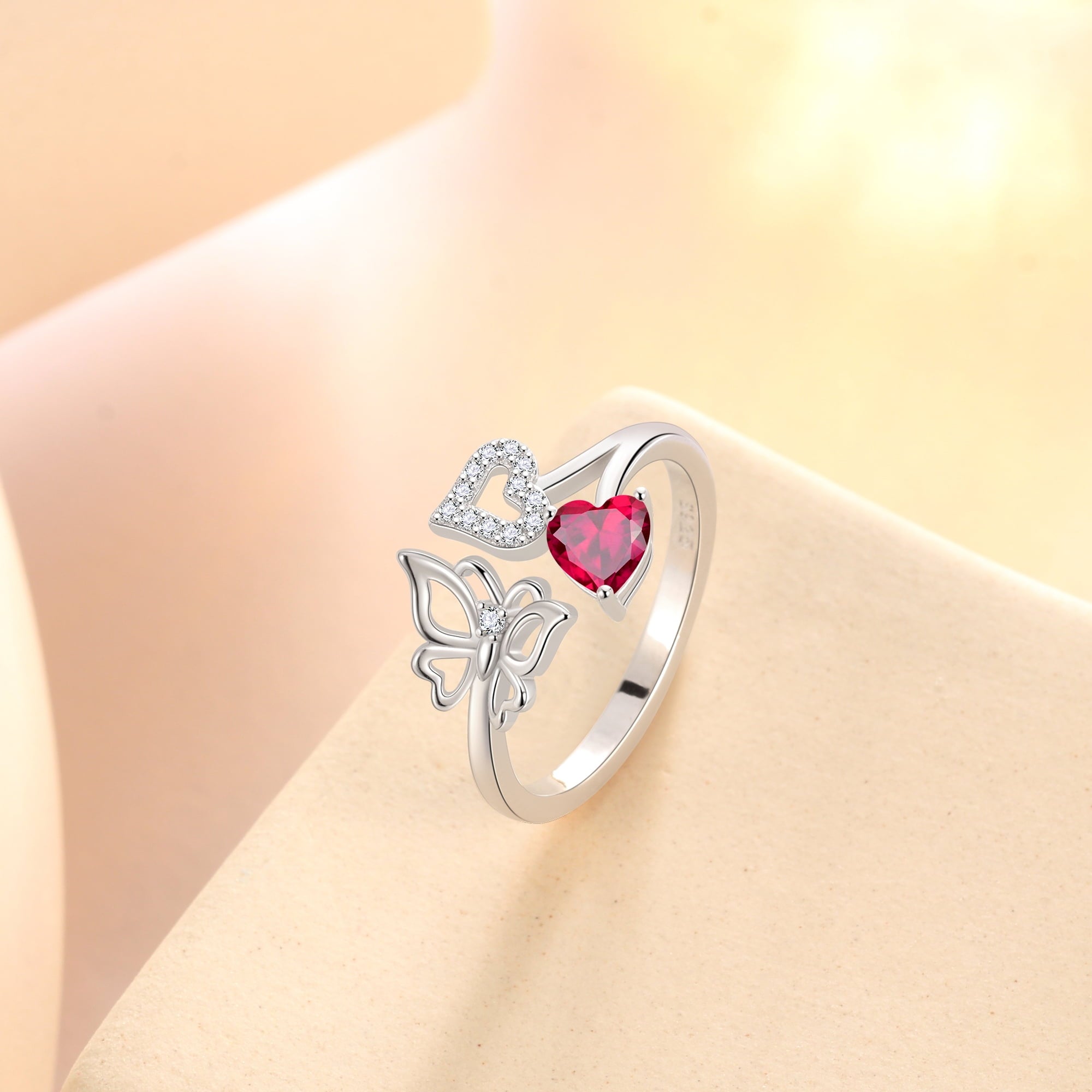 Rose Heart Ring,925 Sterling Adjustable Open Heart Rings Jewelry Gifts for Women Mom -December