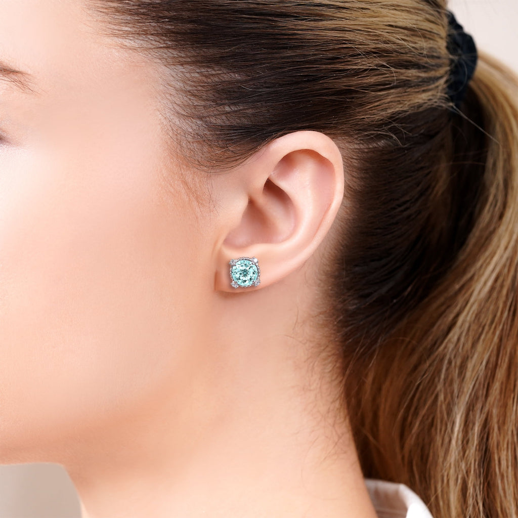 3.5 Round Cut April Stud Earrings - Halo Milgrain Earrings in 18K White Plating for Women