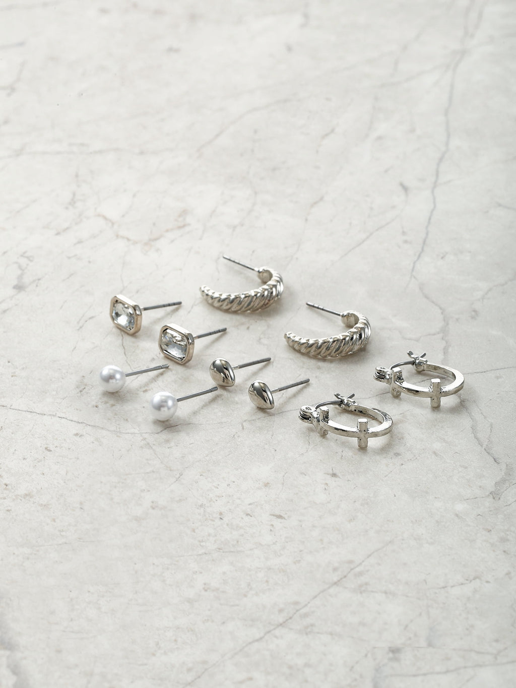 Silvertone Multi Earring Set, 5 Pairs, Initial B