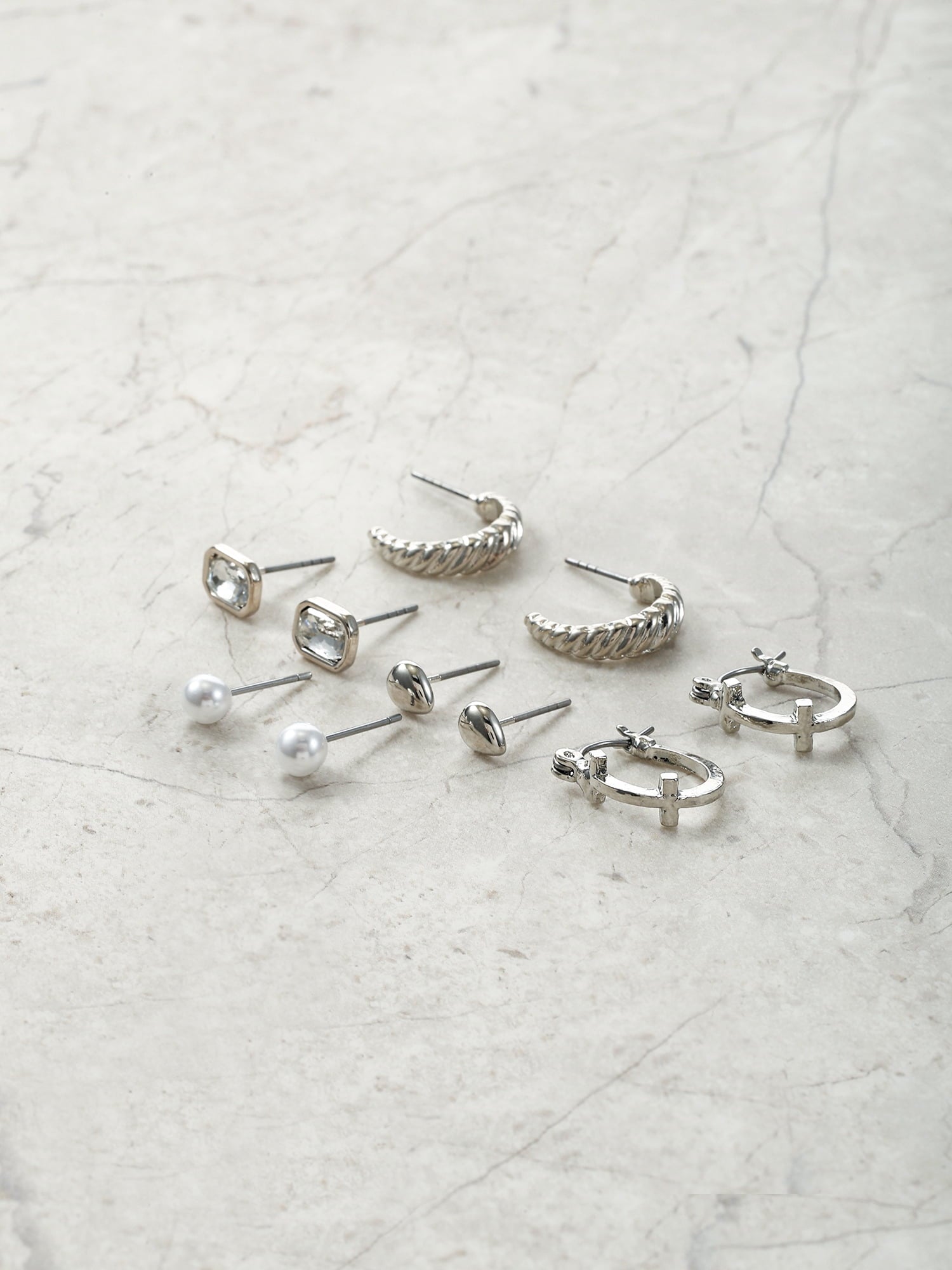 Silvertone Multi Earring Set, 5 Pairs, Initial B