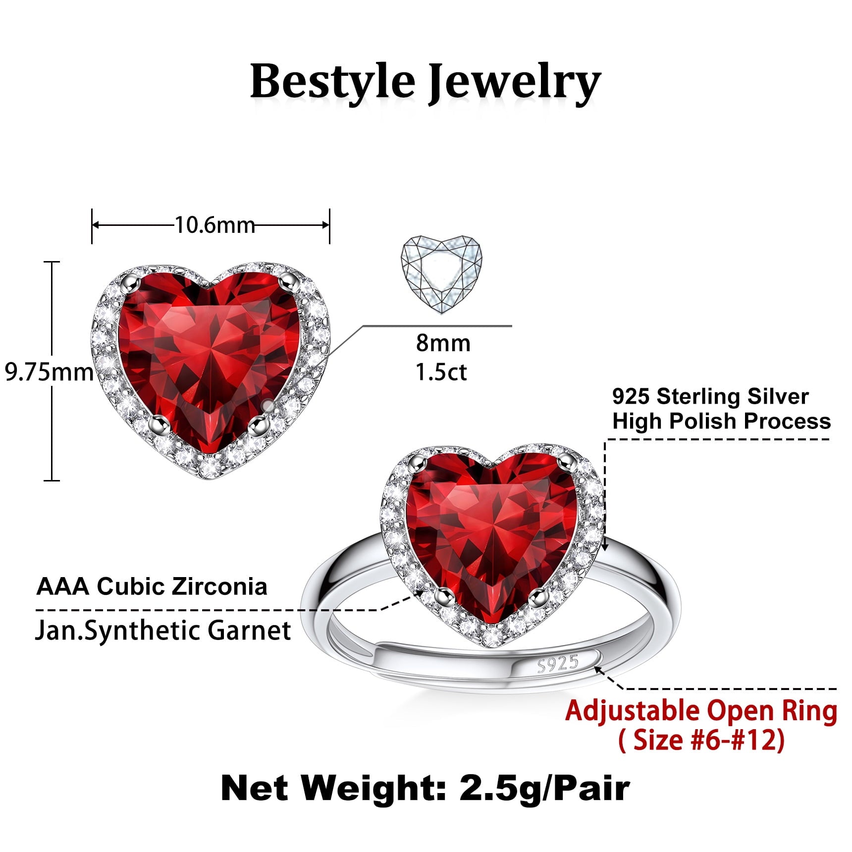 S925 Sterling Heart Rings for Women Sparkle Open Band Ring July Created Ruby Rings Size 6-12