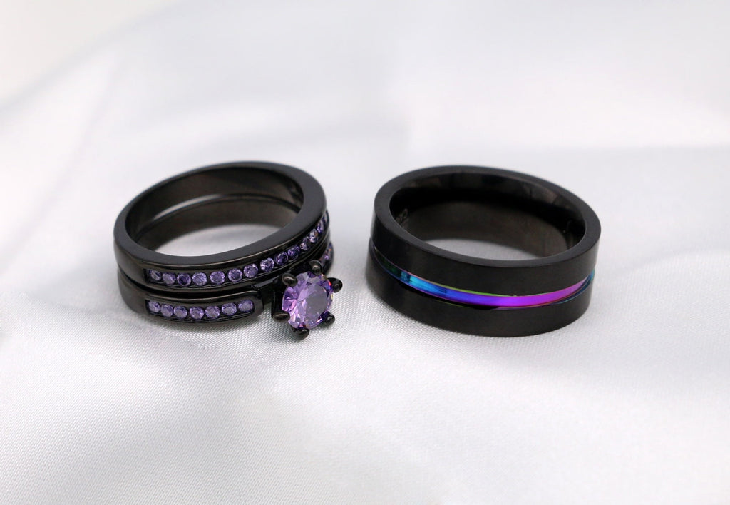 Matching Rings Couple Rings Black Plated 1CT Purple Cz Women Wedding Ring Sets