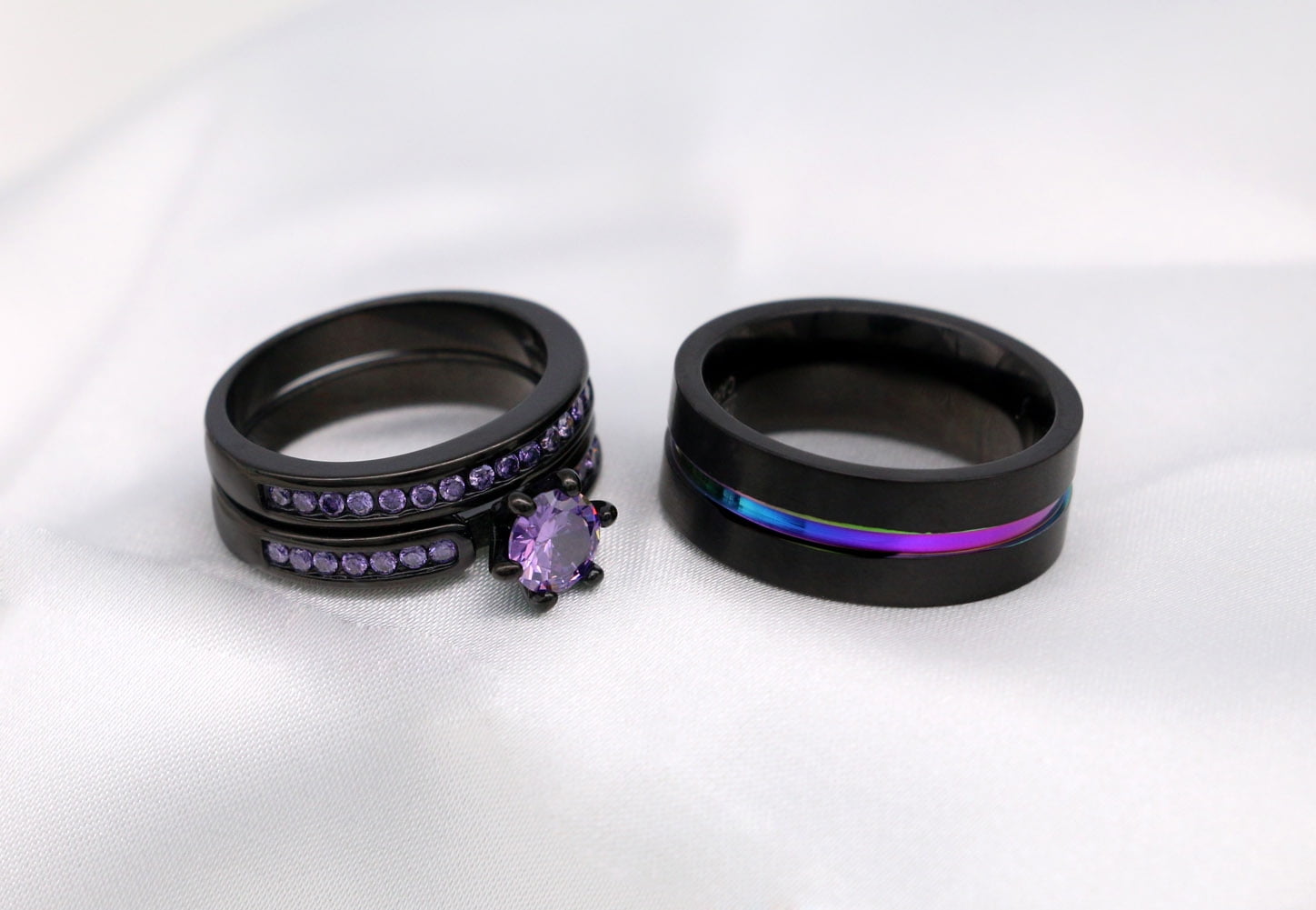 Matching Rings Couple Rings Black Plated 1CT Purple Cz Women Wedding Ring Sets