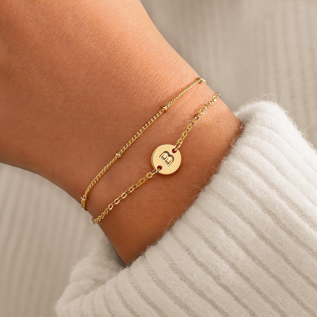 14K Plated Dainty Charm Disc Layered Initial Link Bracelet for Women Letter A-Z Jewelry Personalized Easter for Her Kids Women Girls