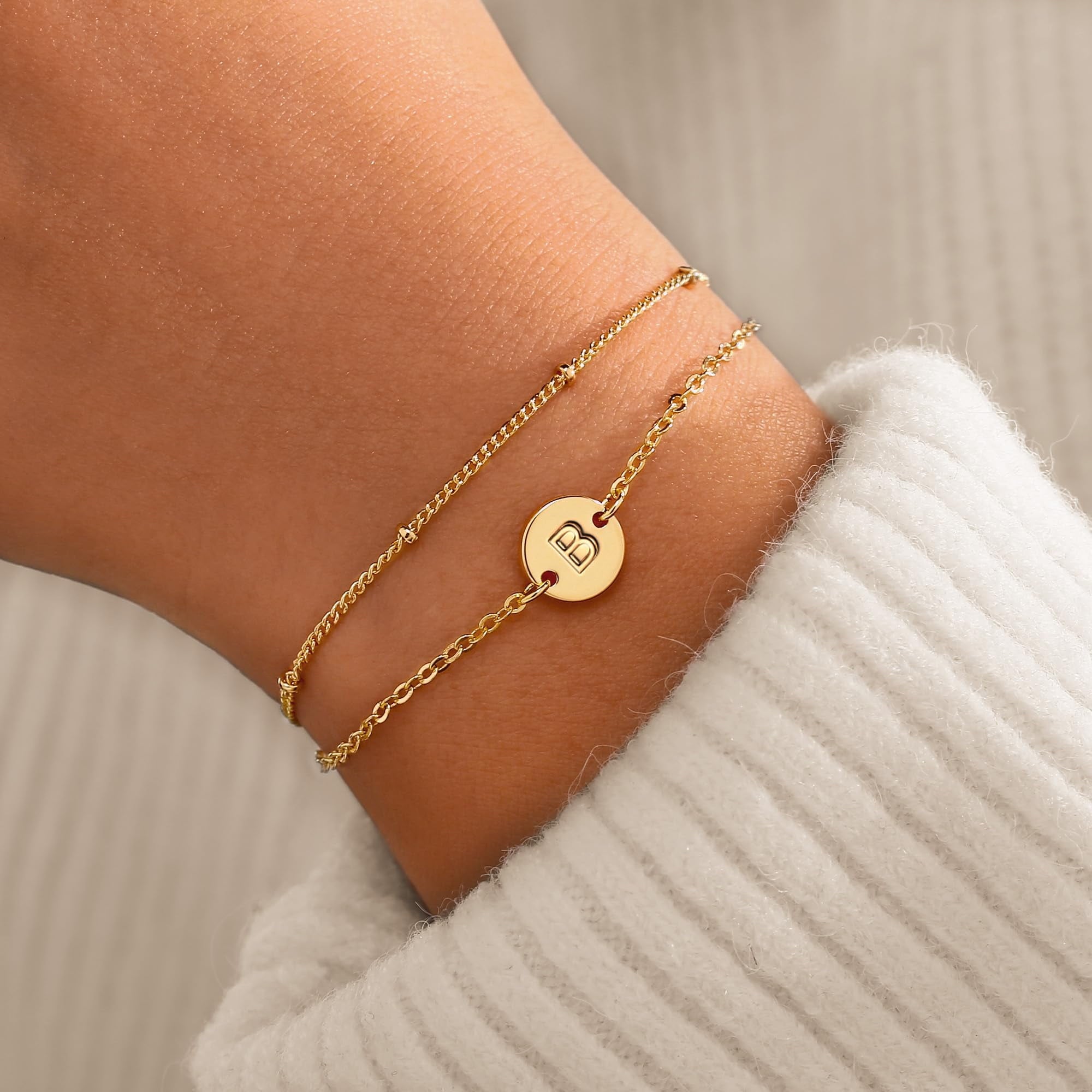 14K Plated Dainty Charm Disc Layered Initial Link Bracelet for Women Letter A-Z Jewelry Personalized Easter for Her Kids Women Girls