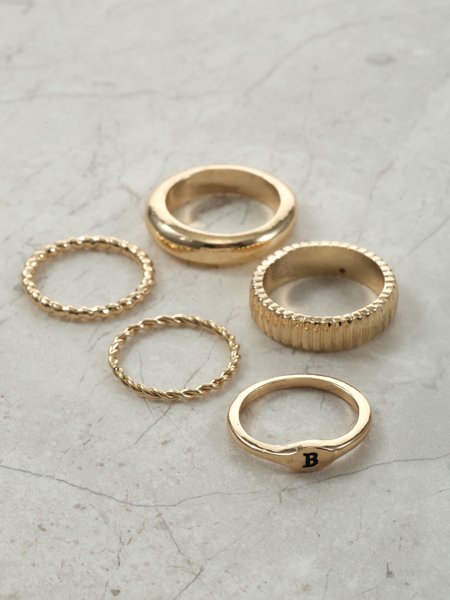 Goldtone Initial Ring Set, 5 Piece, Size 7, Initial J
