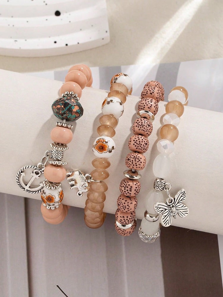 4 PCS Bohemian Stretch Anchor Bracelets Elephant Butterfly Retro Bracelets Suitable for Girls Women Gifts