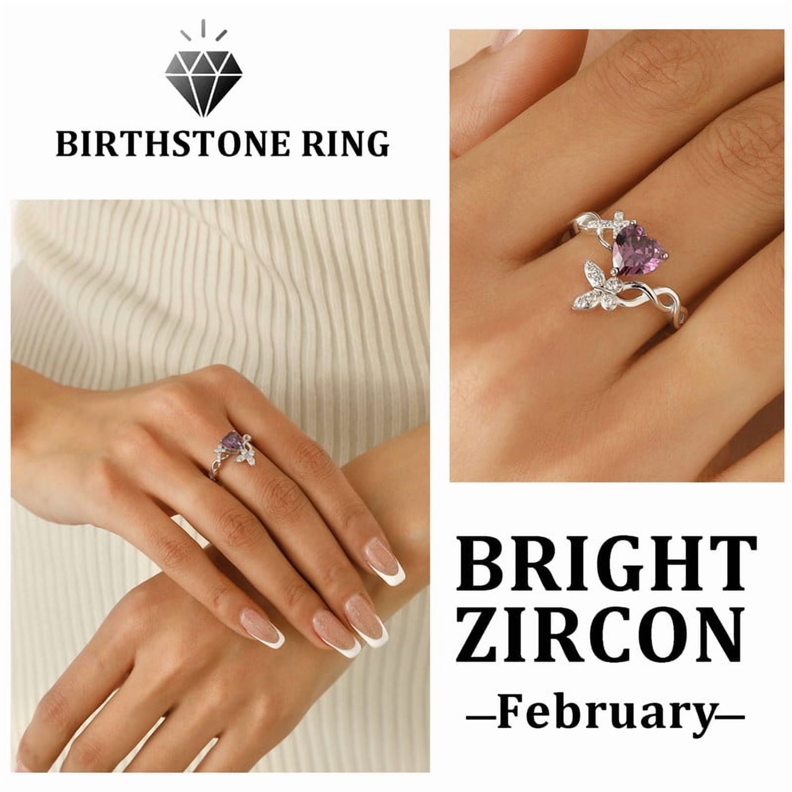 Heart Halo Ring,Butterfly 925 Sterling Adjustable Open Band Rings Valentines Jewelry Gifts for Women Mom-March
