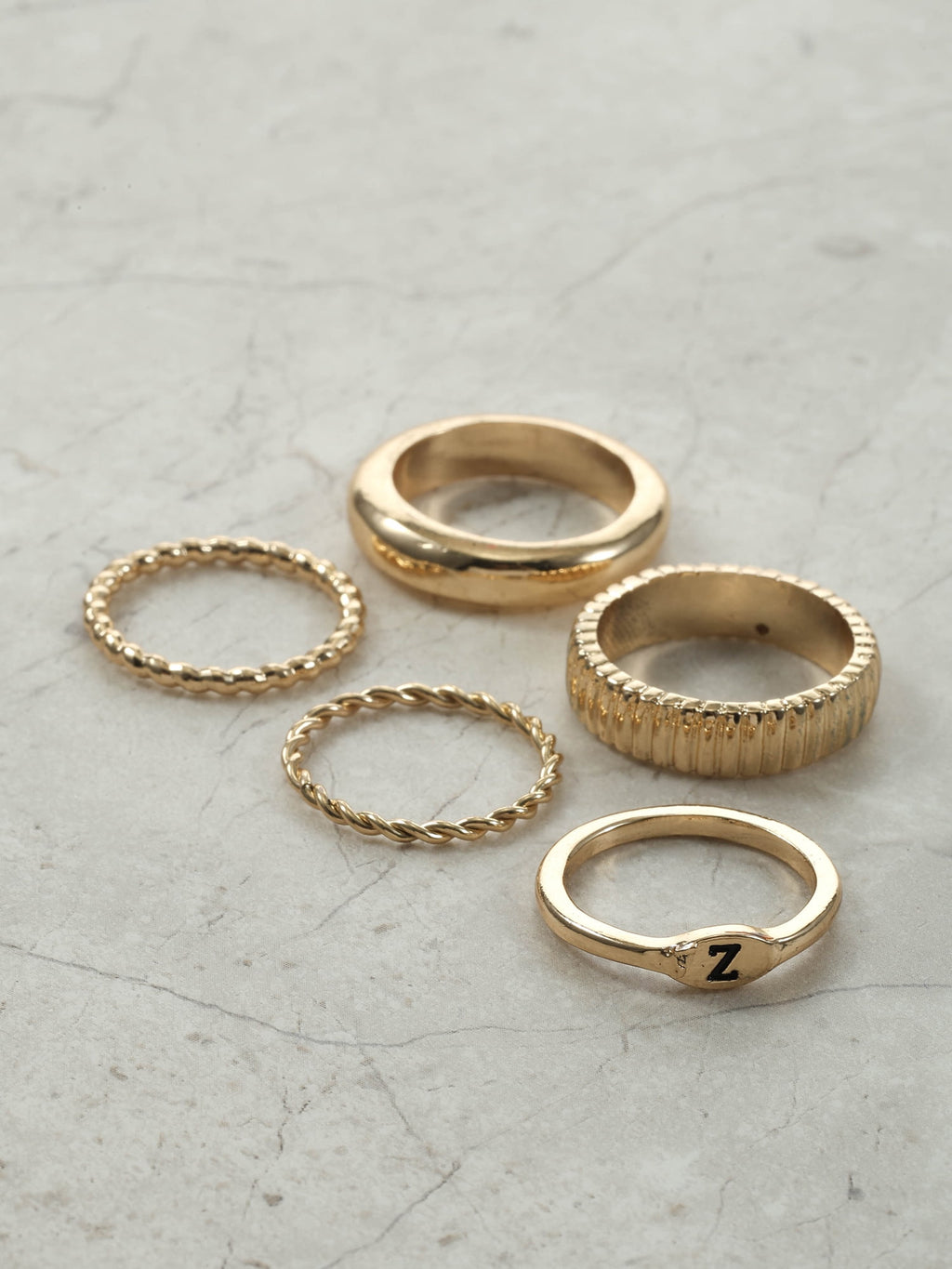 Goldtone Initial Ring Set, 5 Piece, Size 7, Initial J