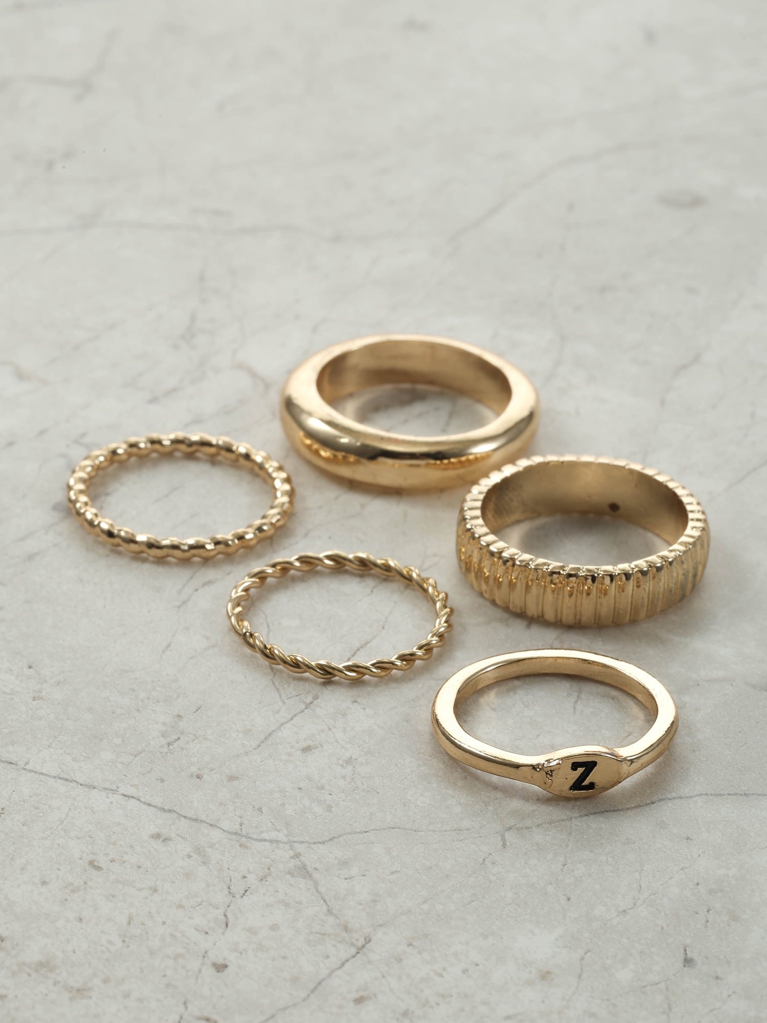 Goldtone Initial Ring Set, 5 Piece, Size 7, Initial J
