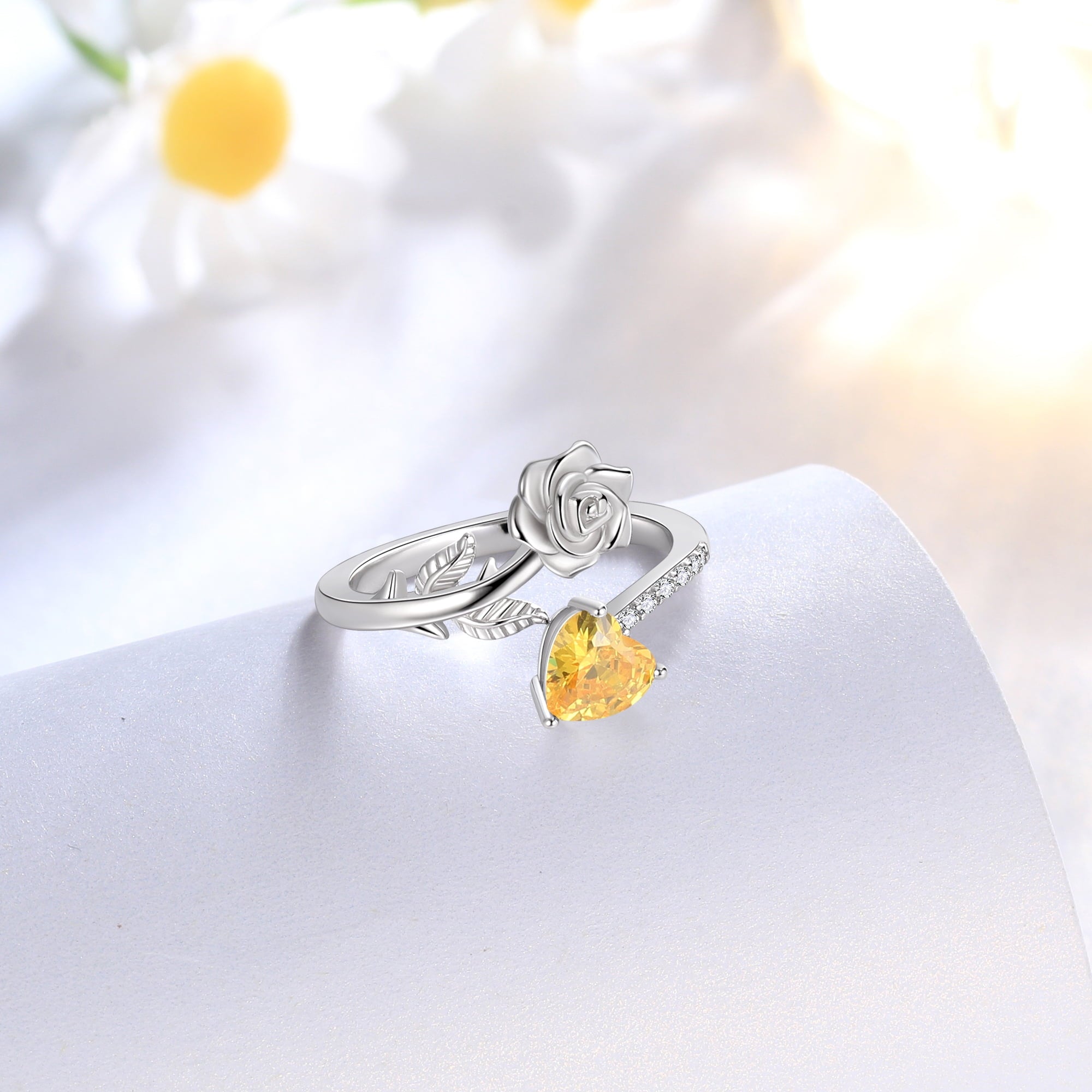 Rose Heart Ring,925 Sterling Adjustable Open Heart Rings Jewelry Gifts for Women Mom -December