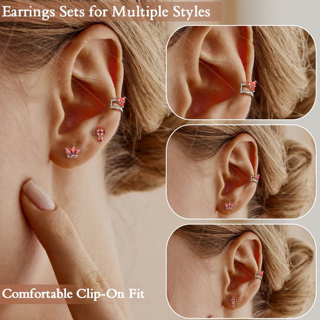 3 Pairs 925 Sterling Cross Earrings Set for Women, Flower Studs and Ear Cuffs Jewelry Set for Her