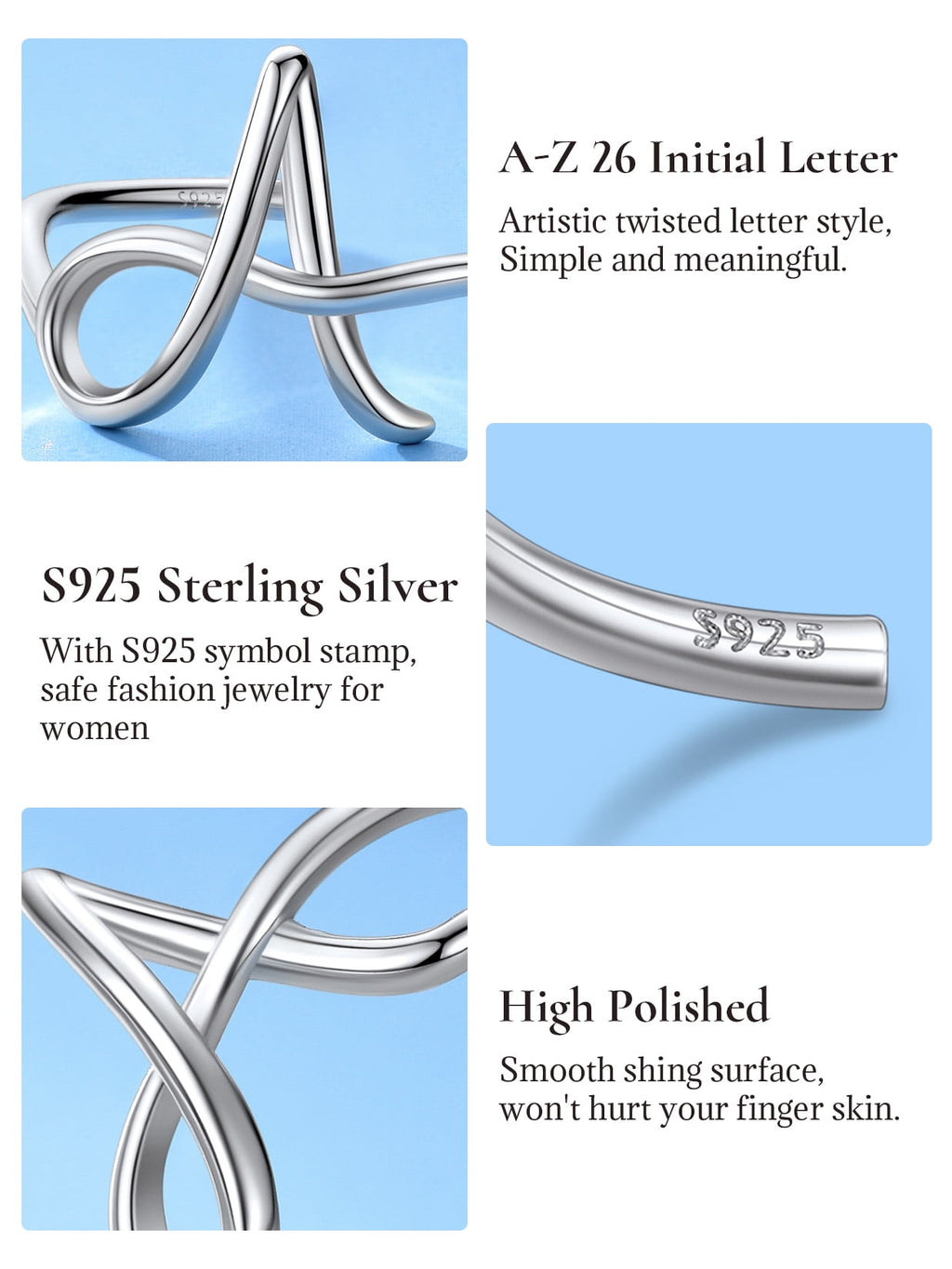 Sterling Ring for Women Adjustable Open Initial Rings Twisted Stackable Dainty Valentines Gifts Jewelry for Mom Daughter
