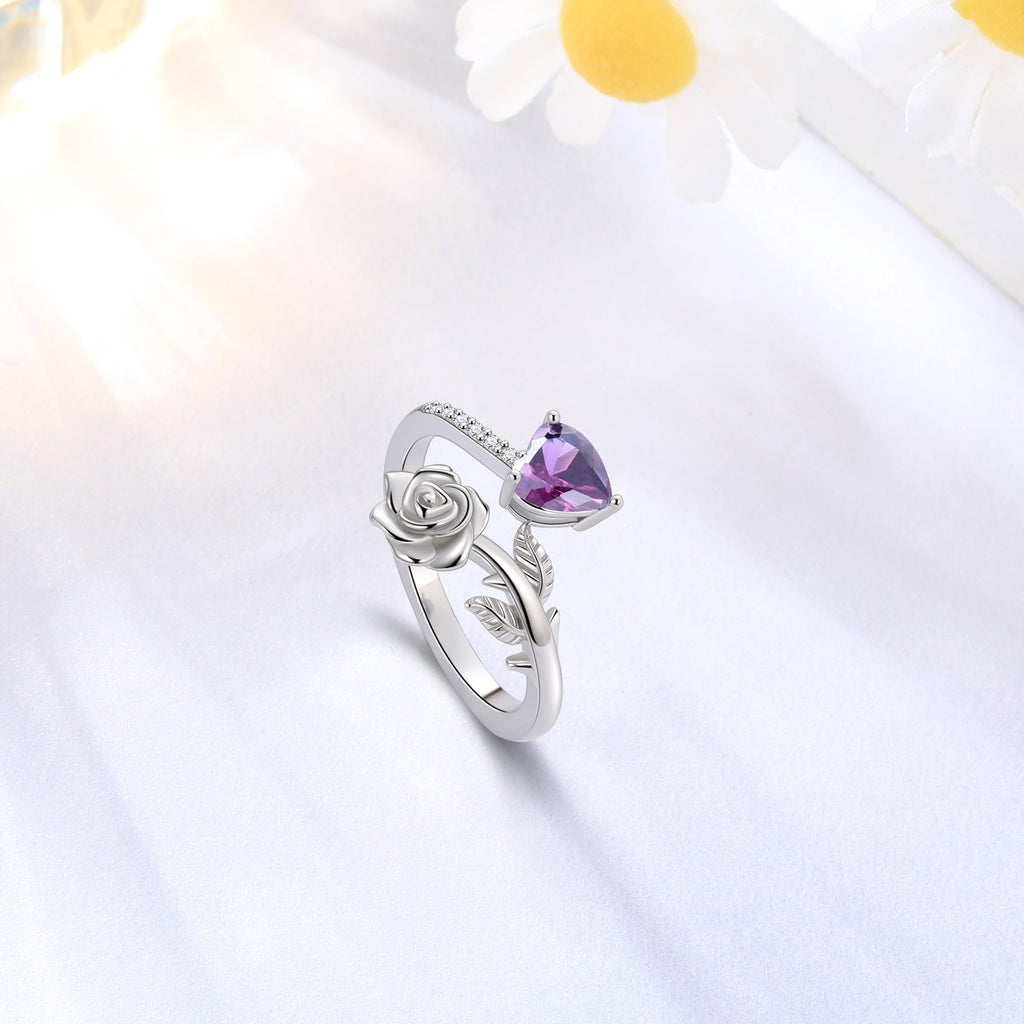 Rose Heart Ring,925 Sterling Adjustable Open Heart Rings Jewelry Gifts for Women Mom -December