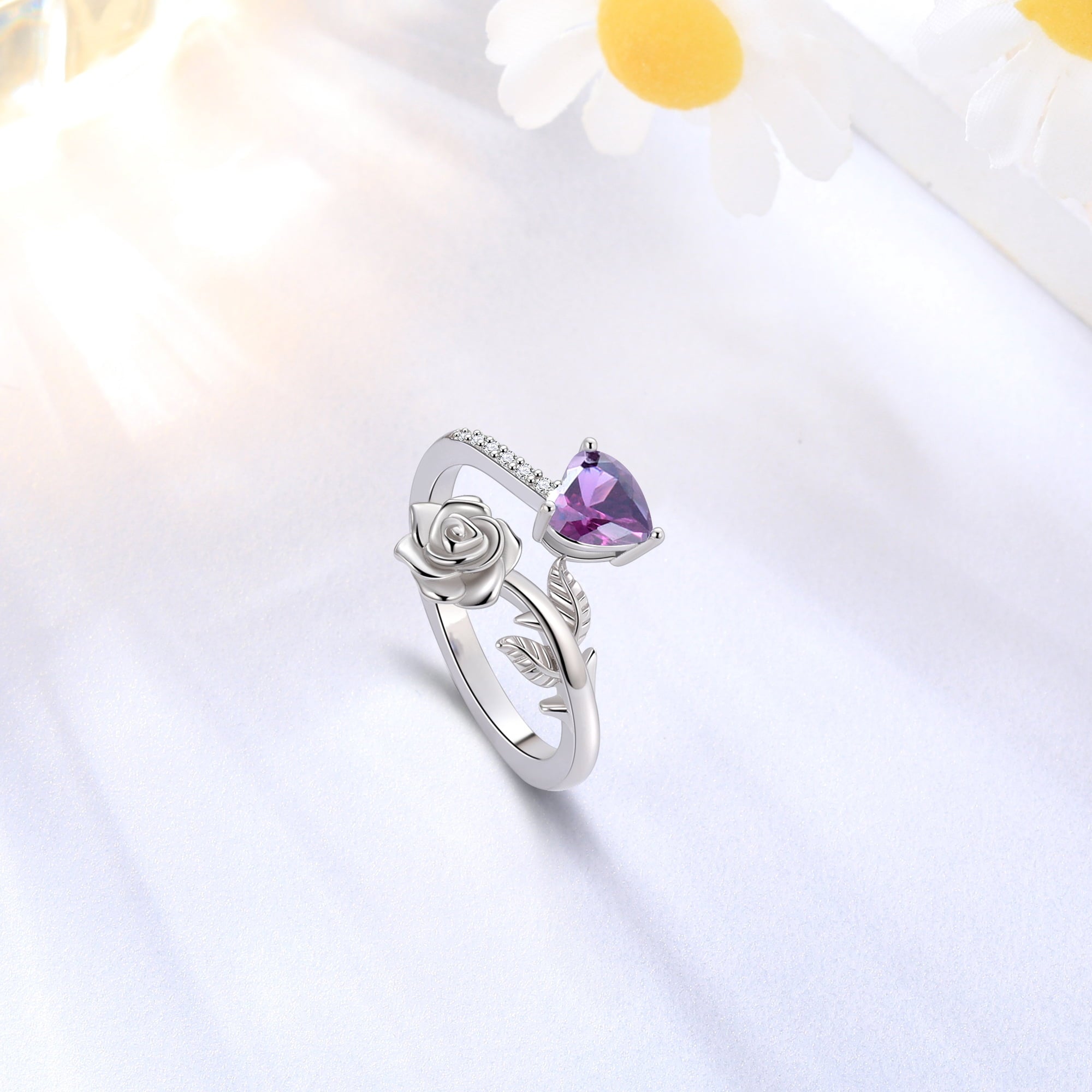 Rose Heart Ring,925 Sterling Adjustable Open Heart Rings Jewelry Gifts for Women Mom -December