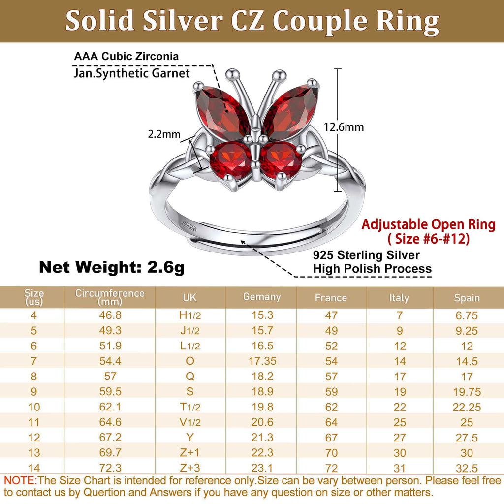 925 Sterling Butterfly Rings, July Ruby Adjustable Open Band Ring Jewelry Valentines Day