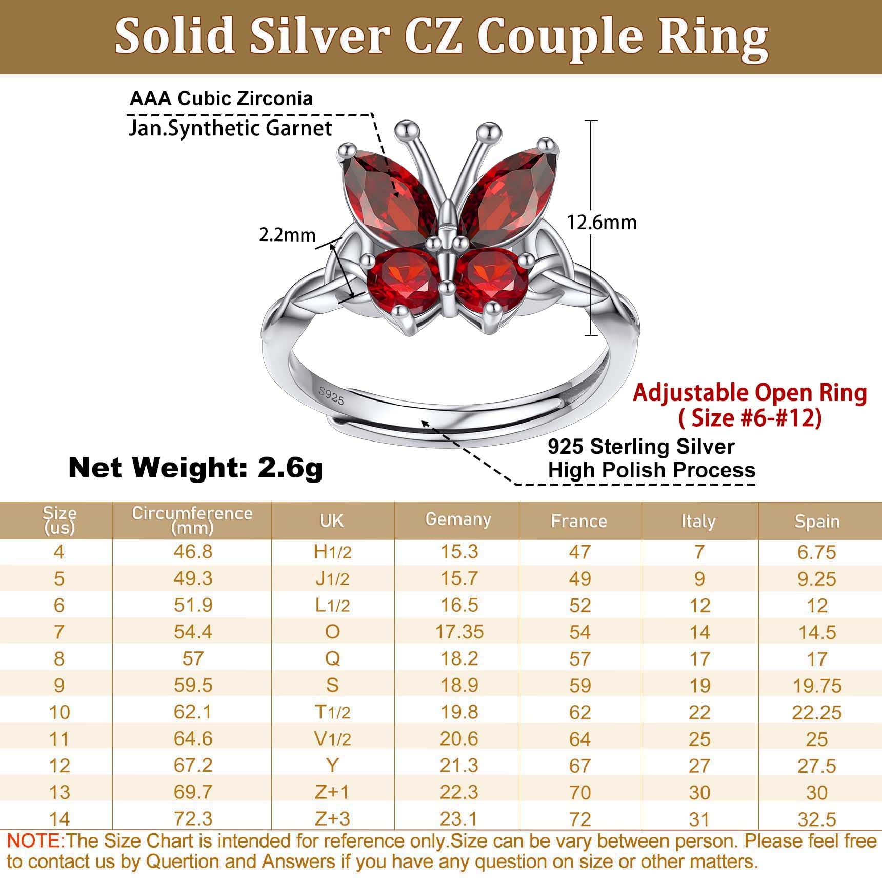 925 Sterling Butterfly Rings, July Ruby Adjustable Open Band Ring Jewelry Valentines Day