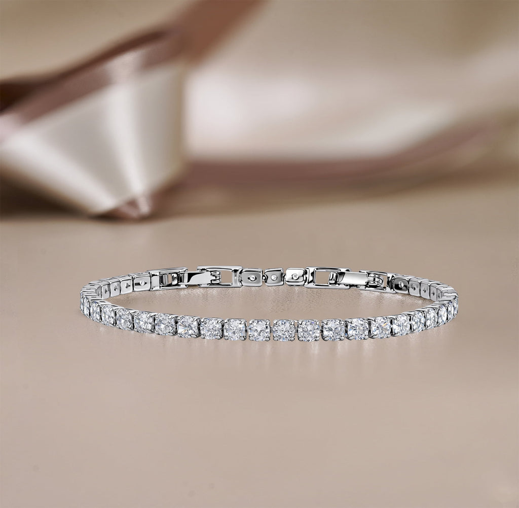 5.5 April Cubic Zirconia - Round Cut Tennis Bracelet Eternity Design - White Plating, Female, Adult