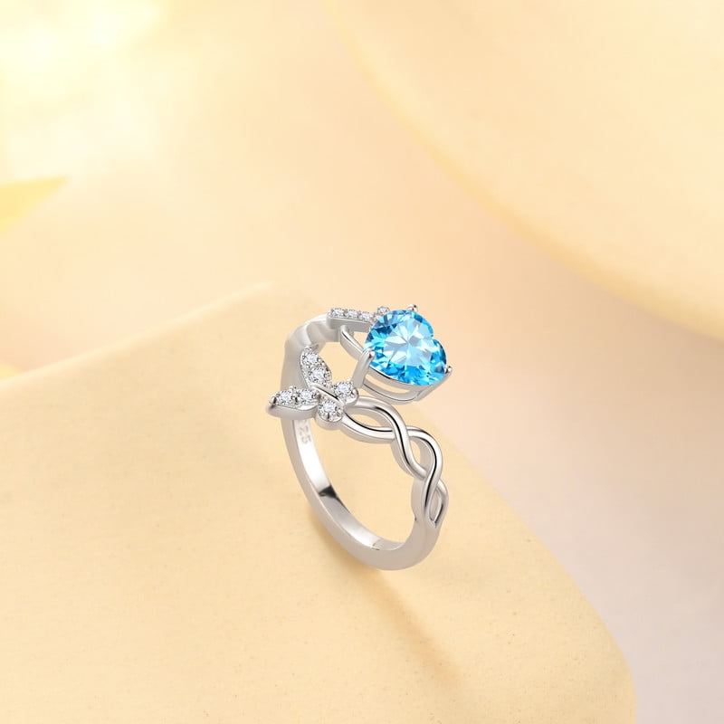 Heart Halo Ring,Butterfly 925 Sterling Adjustable Open Band Rings Valentines Jewelry Gifts for Women Mom-March