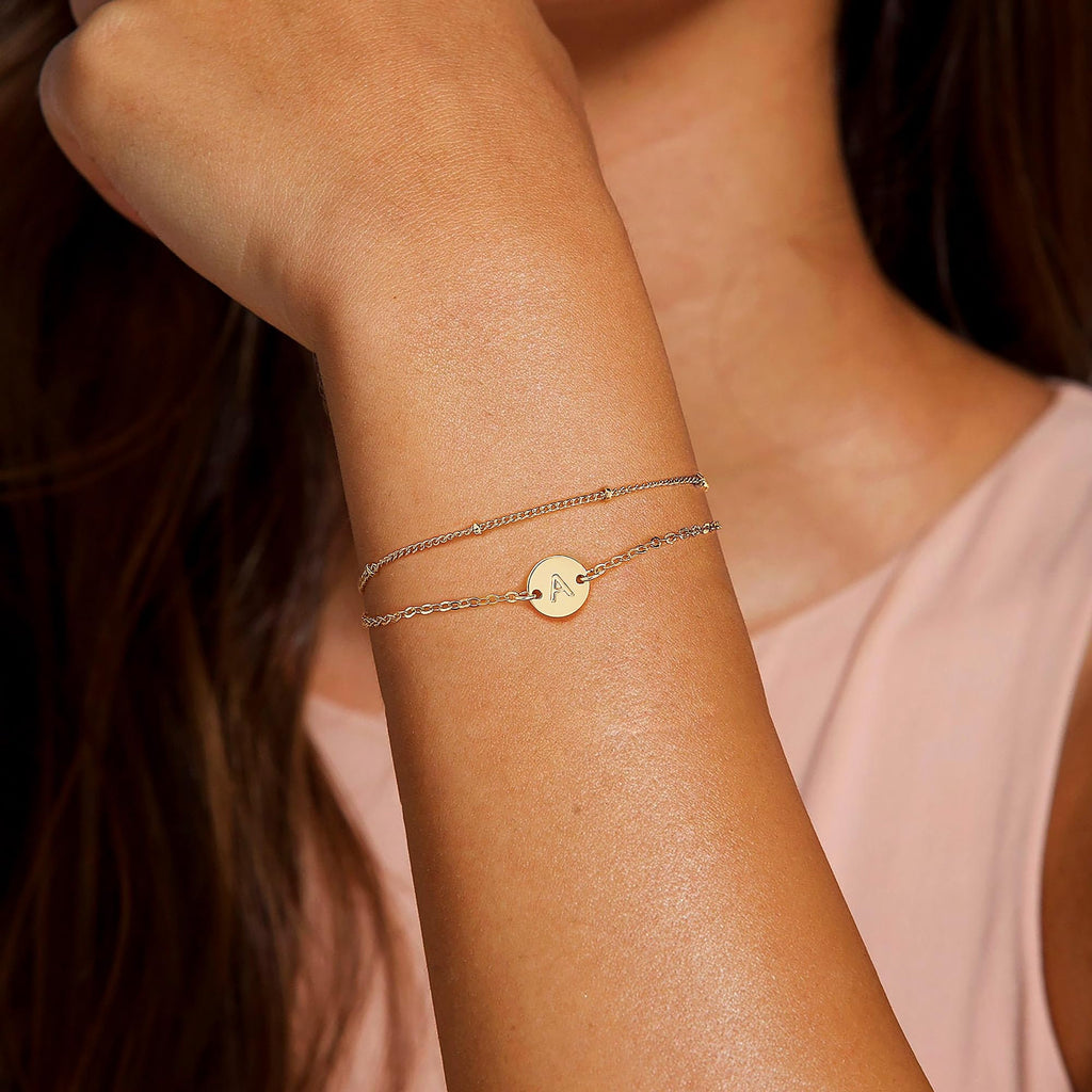 14K Plated Dainty Charm Disc Layered Initial Link Bracelet for Women Letter A-Z Jewelry Personalized Easter for Her Kids Women Girls