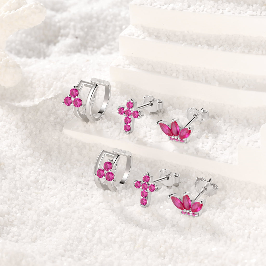 3 Pairs 925 Sterling Cross Earrings Set for Women, Flower Studs and Ear Cuffs Jewelry Set for Her