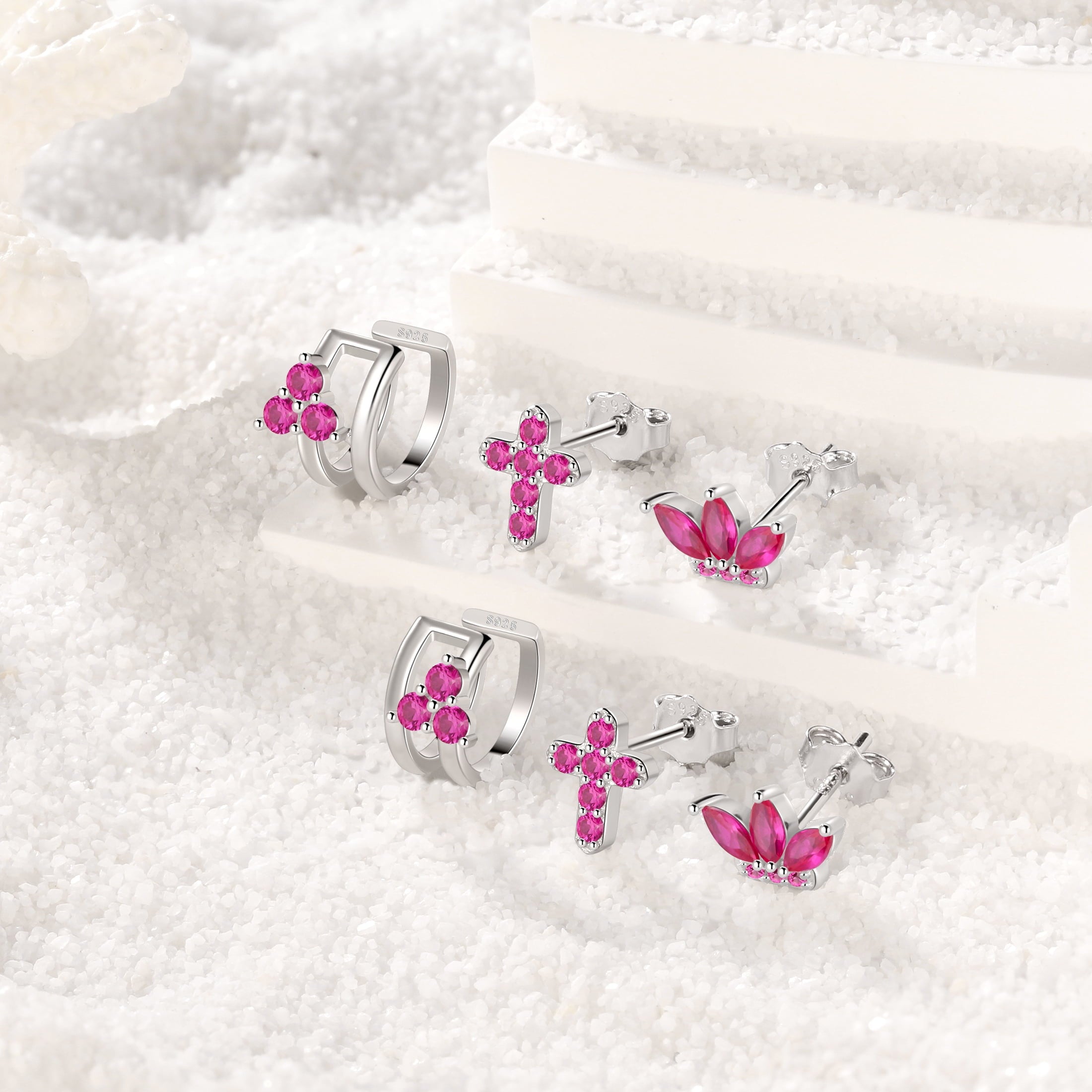 3 Pairs 925 Sterling Cross Earrings Set for Women, Flower Studs and Ear Cuffs Jewelry Set for Her