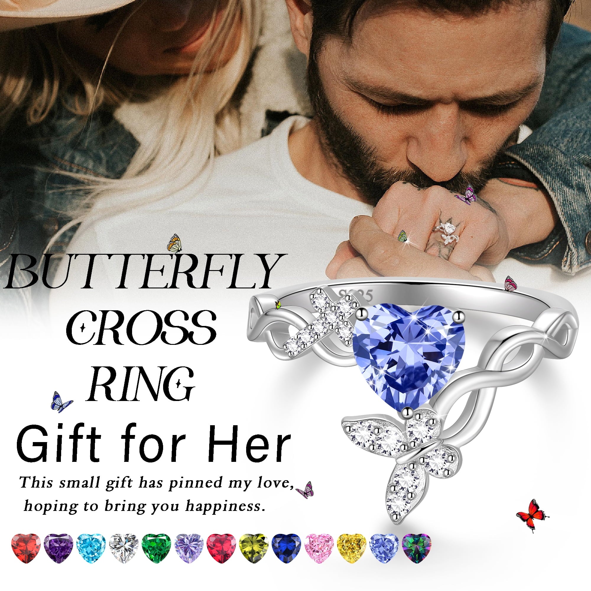 Heart Halo Ring,Butterfly 925 Sterling Adjustable Open Band Rings Valentines Jewelry Gifts for Women Mom-March