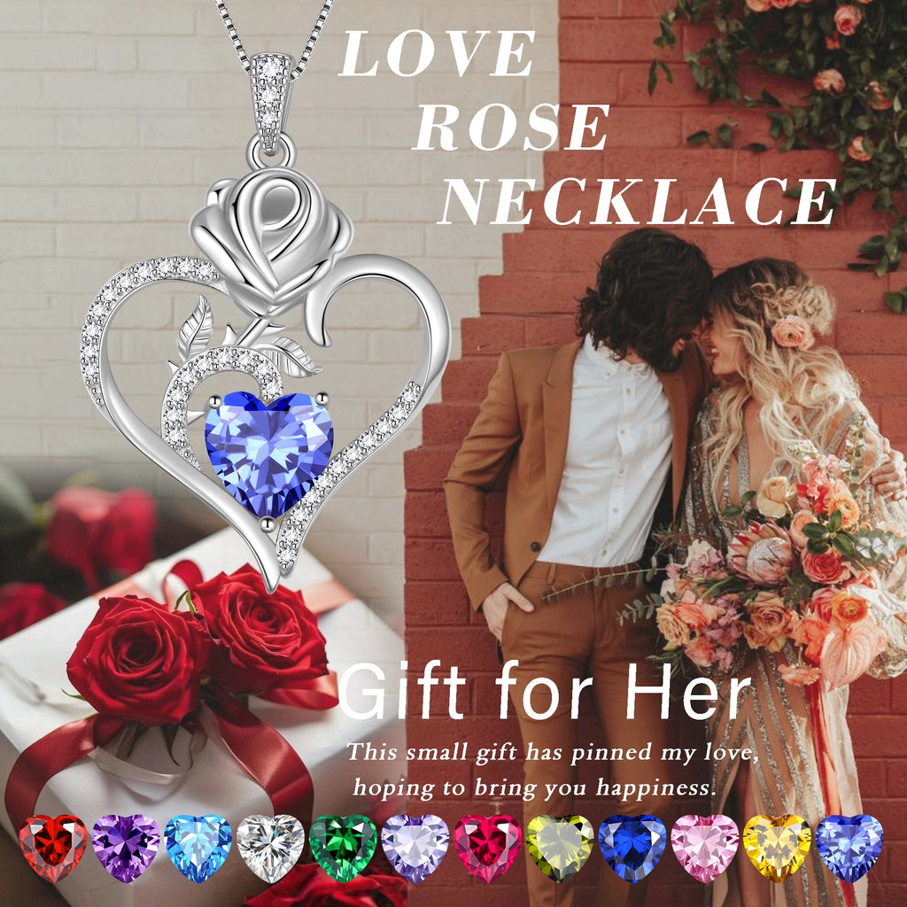 925 Sterling Necklace Rose Flower Heart Pendant Jewelry Valentines Gifts for Women Mom Wife/Lover