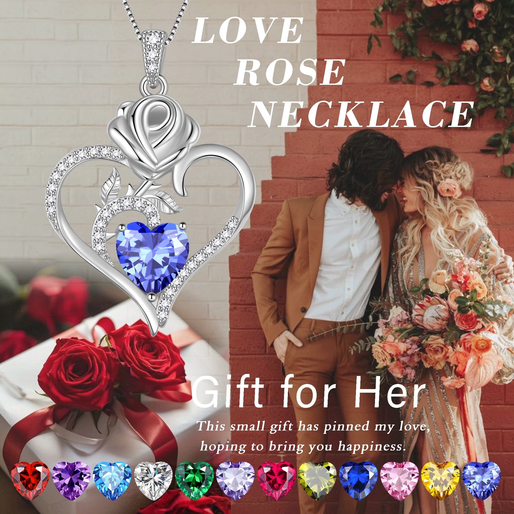 925 Sterling Necklace Rose Flower Heart Pendant Jewelry Valentines Gifts for Women Mom Wife/Lover