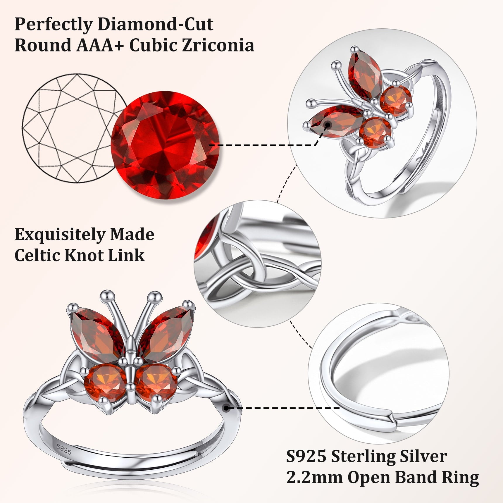 925 Sterling Butterfly Rings, July Ruby Adjustable Open Band Ring Jewelry Valentines Day