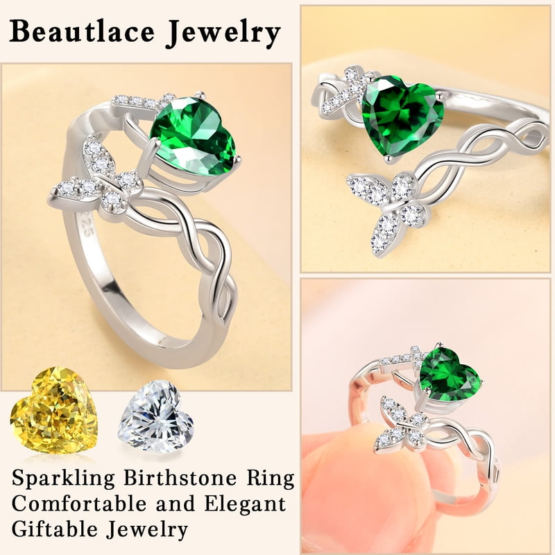 Heart Halo Ring,Butterfly 925 Sterling Adjustable Open Band Rings Valentines Jewelry Gifts for Women Mom-March