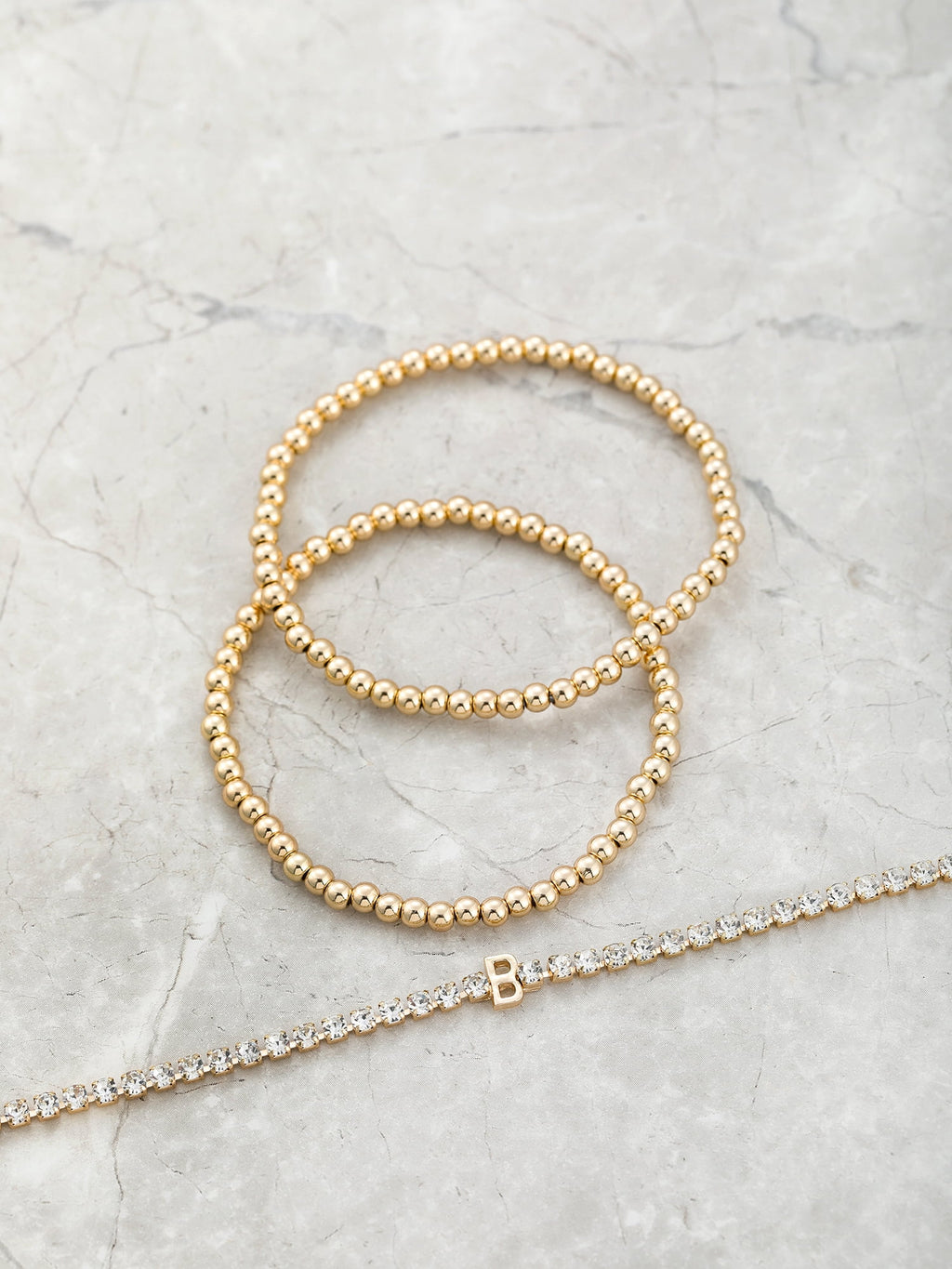 Goldtone and Crystal Beaded Stretch Bracelets, 3 Pieces, Initial Letter C