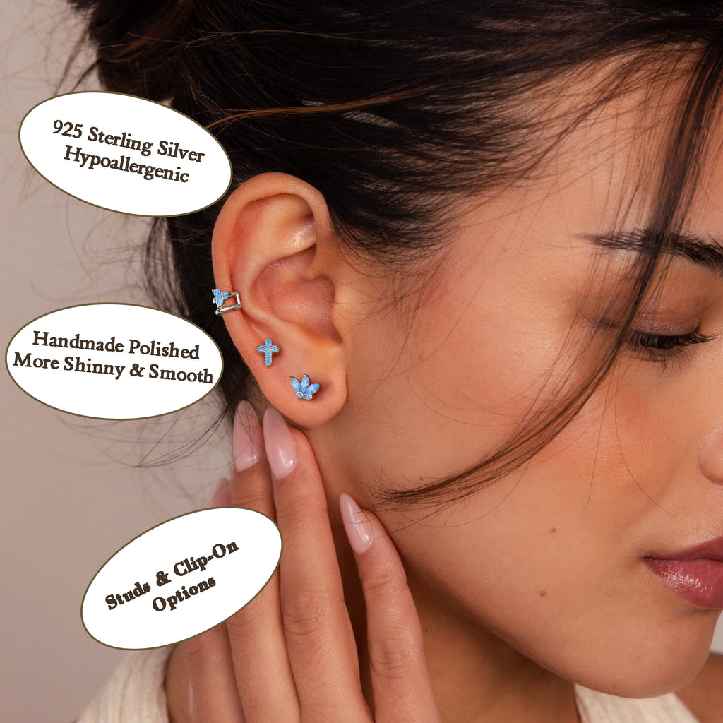 3 Pairs 925 Sterling Cross Earrings Set for Women, Flower Studs and Ear Cuffs Jewelry Set for Her
