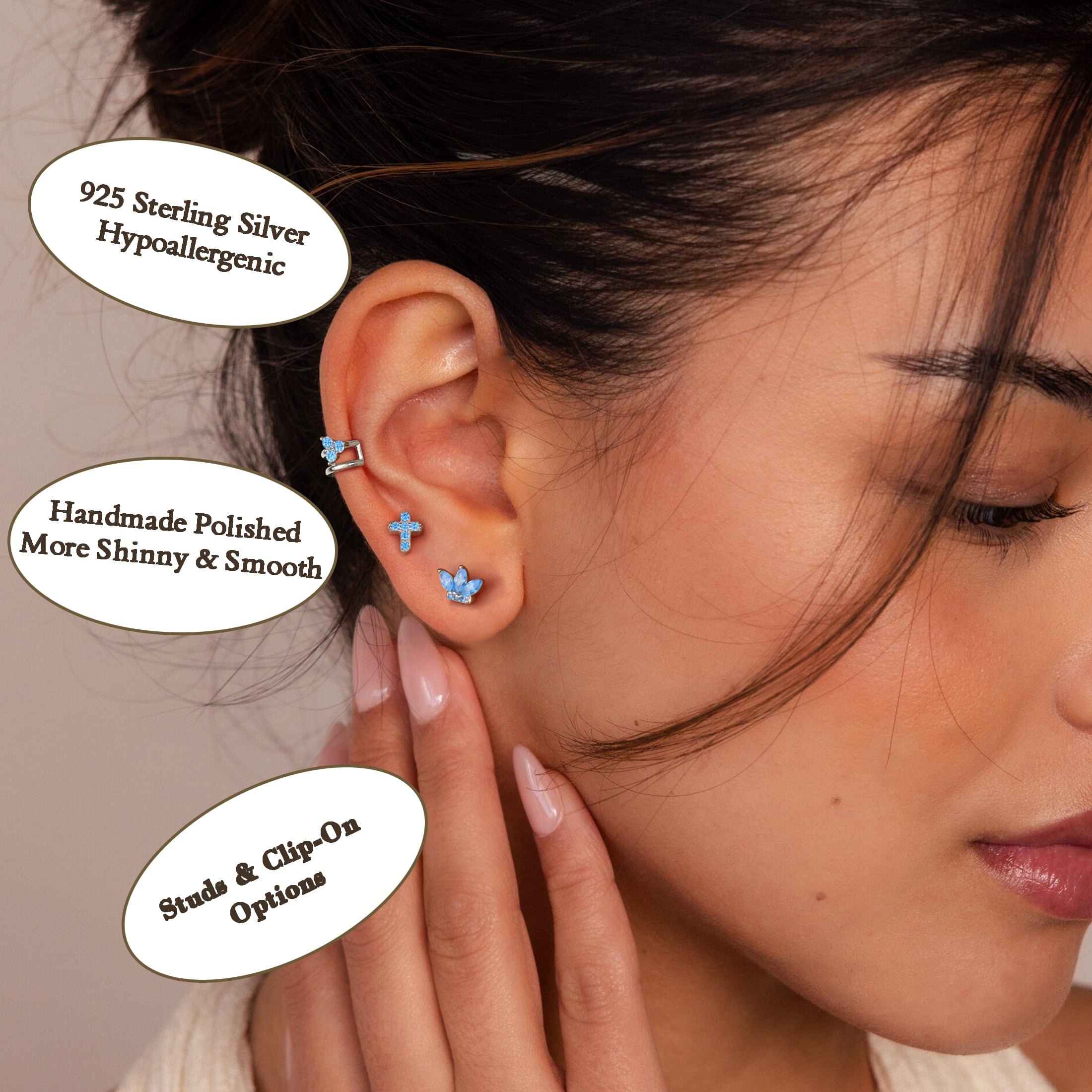 3 Pairs 925 Sterling Cross Earrings Set for Women, Flower Studs and Ear Cuffs Jewelry Set for Her