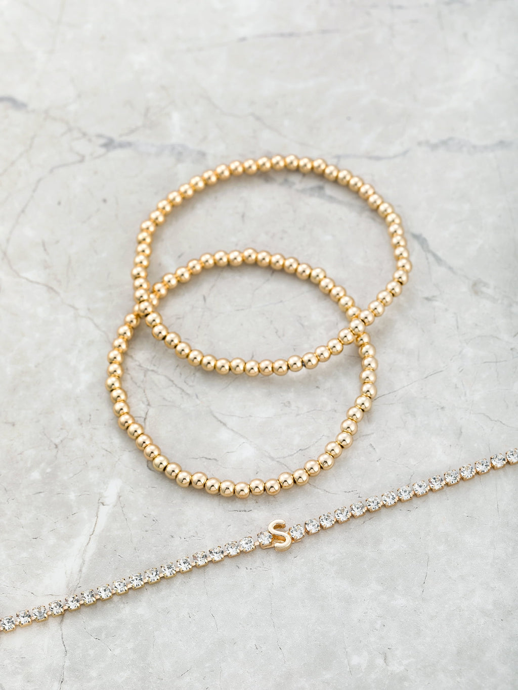 Goldtone and Crystal Beaded Stretch Bracelets, 3 Pieces, Initial Letter C