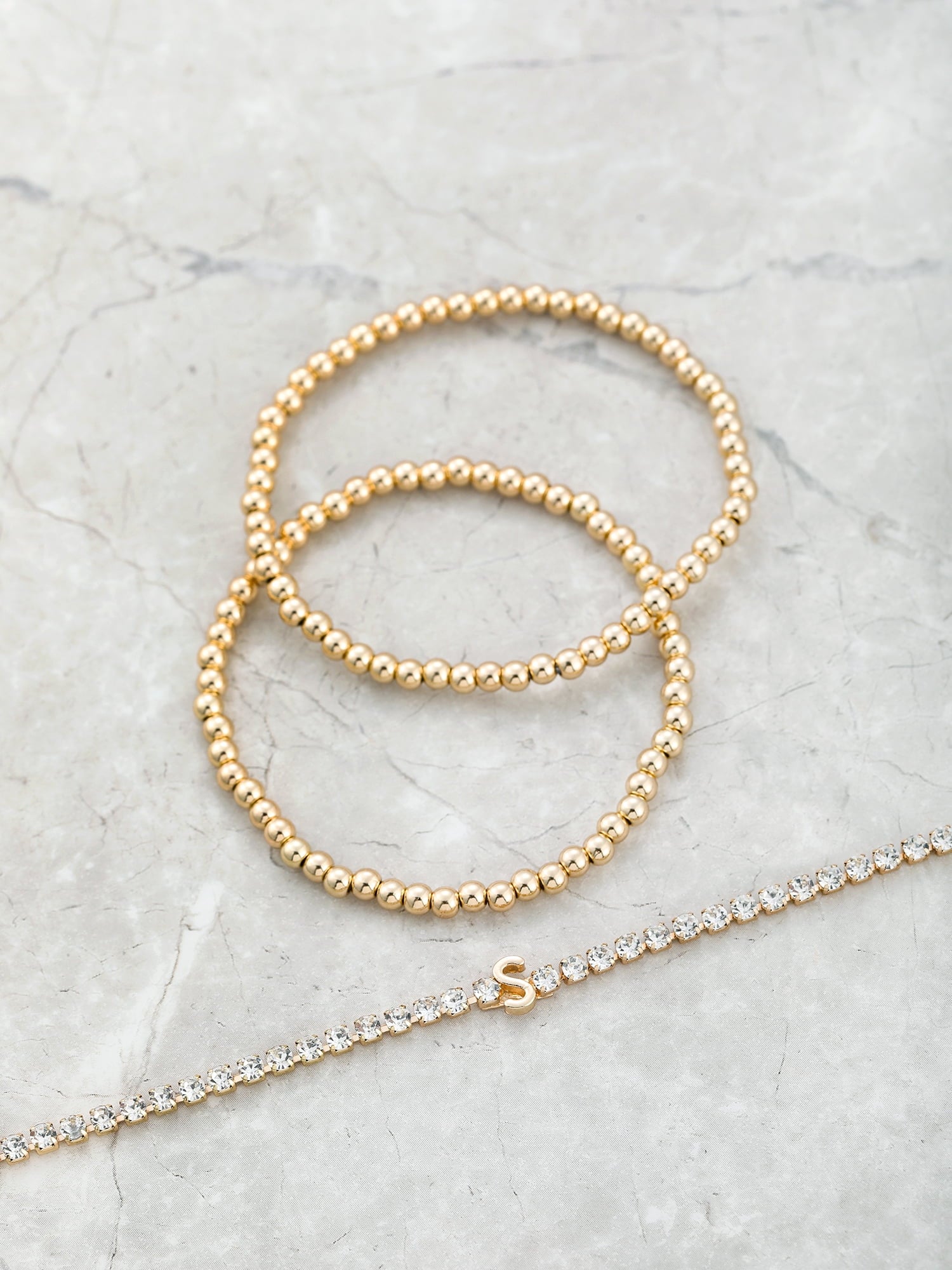 Goldtone and Crystal Beaded Stretch Bracelets, 3 Pieces, Initial Letter C