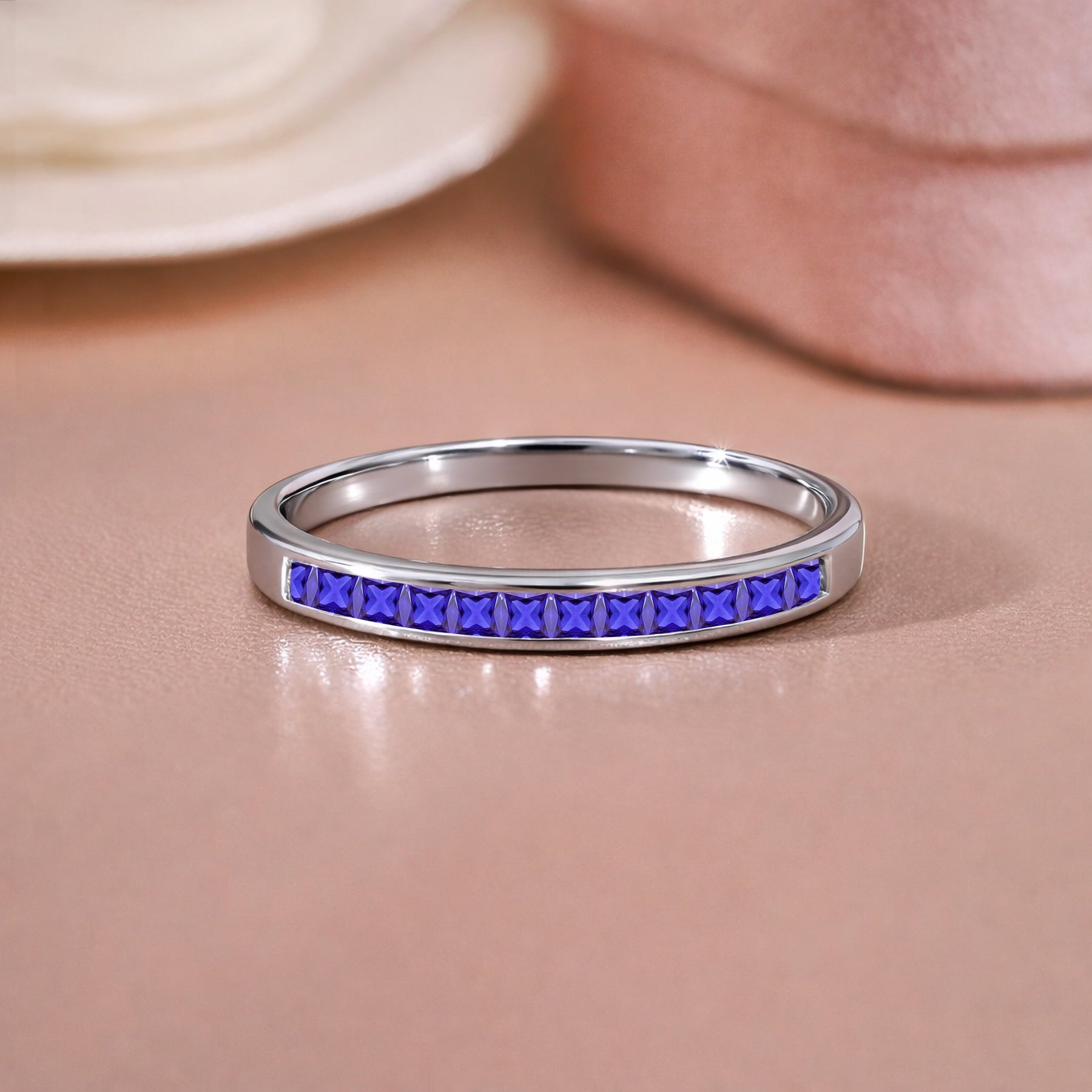 0.25 Princess Cut September Wedding Band - Pave Channel Band - 18K White Plating for Women