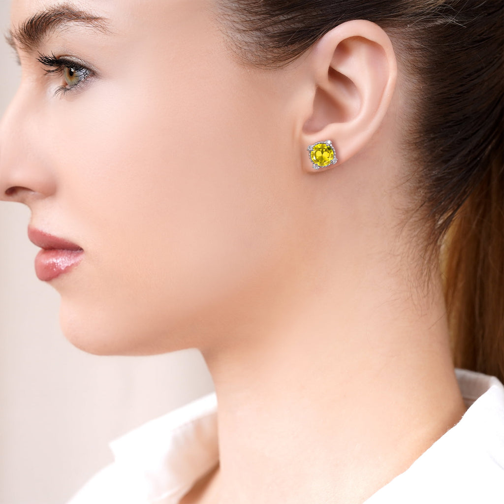 3.5 Round Cut April Stud Earrings - Halo Milgrain Earrings in 18K White Plating for Women