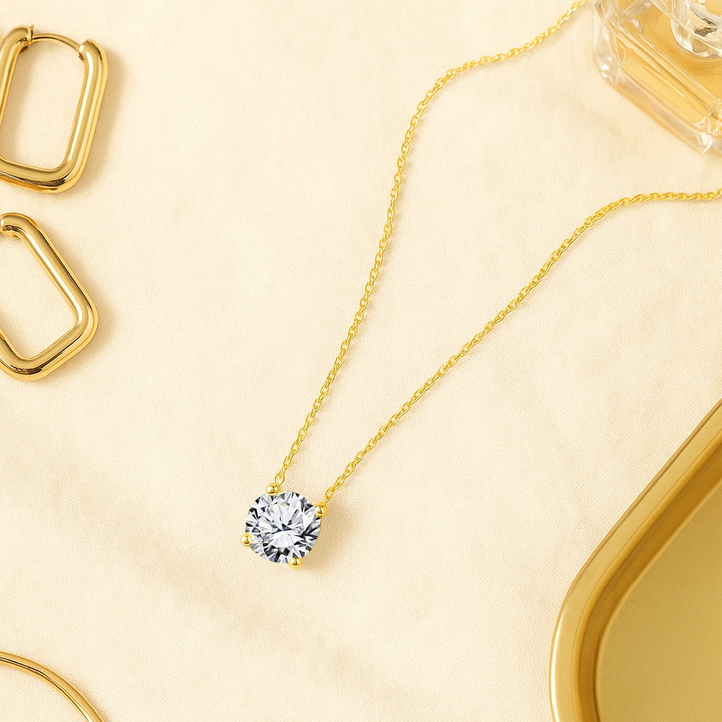 1 - April Solitaire Pendant Necklace in 18K White over , Female, Adult