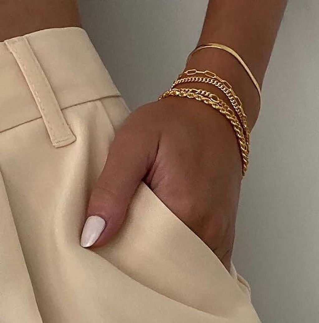 Bracelets for Women, 14K Plated Jewelry Sets for Women Thin Dainty Stackable Cuban Link Paperclip Chain Bracelet Pack Accessories Gifts