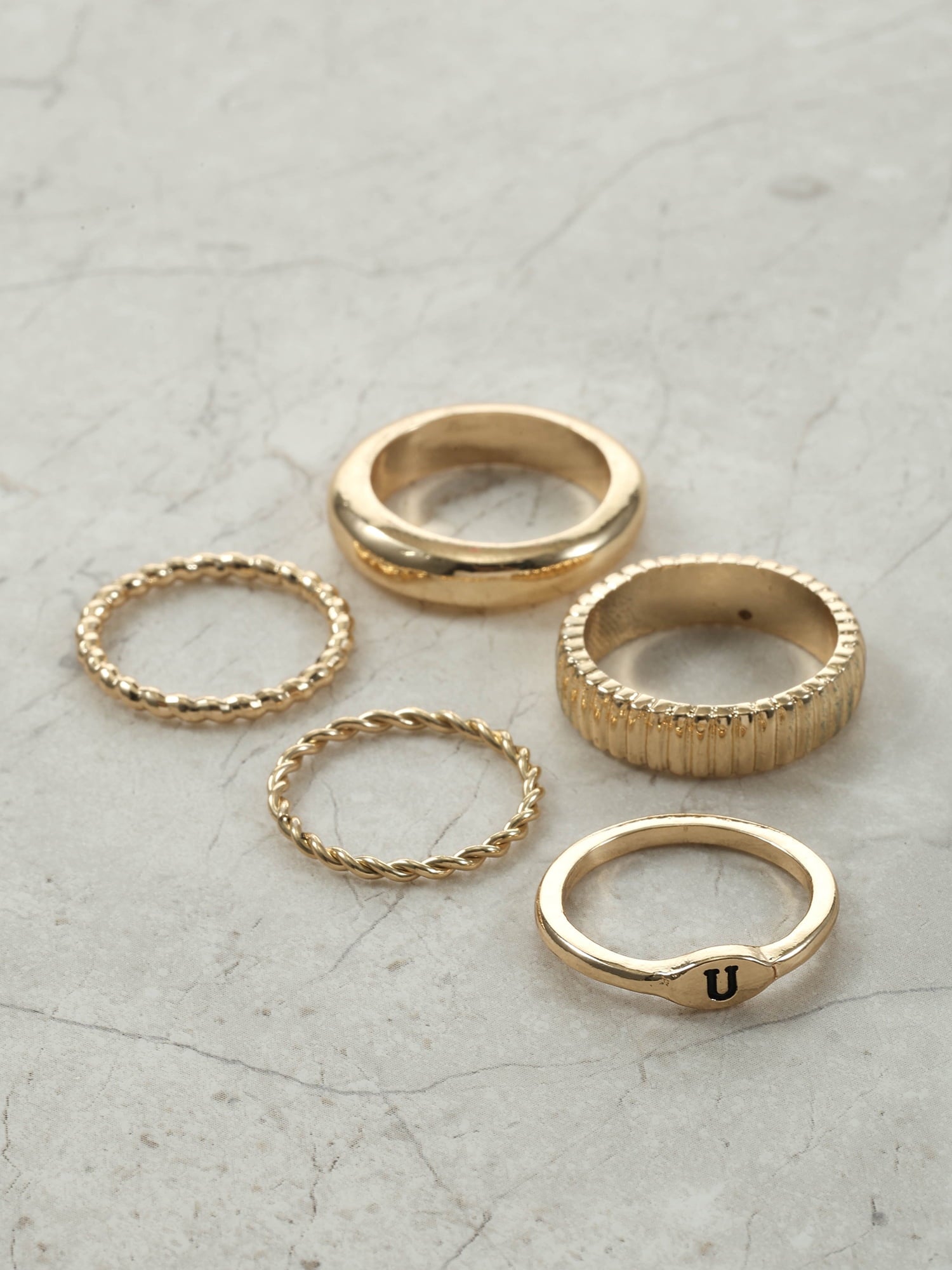 Goldtone Initial Ring Set, 5 Piece, Size 7, Initial J