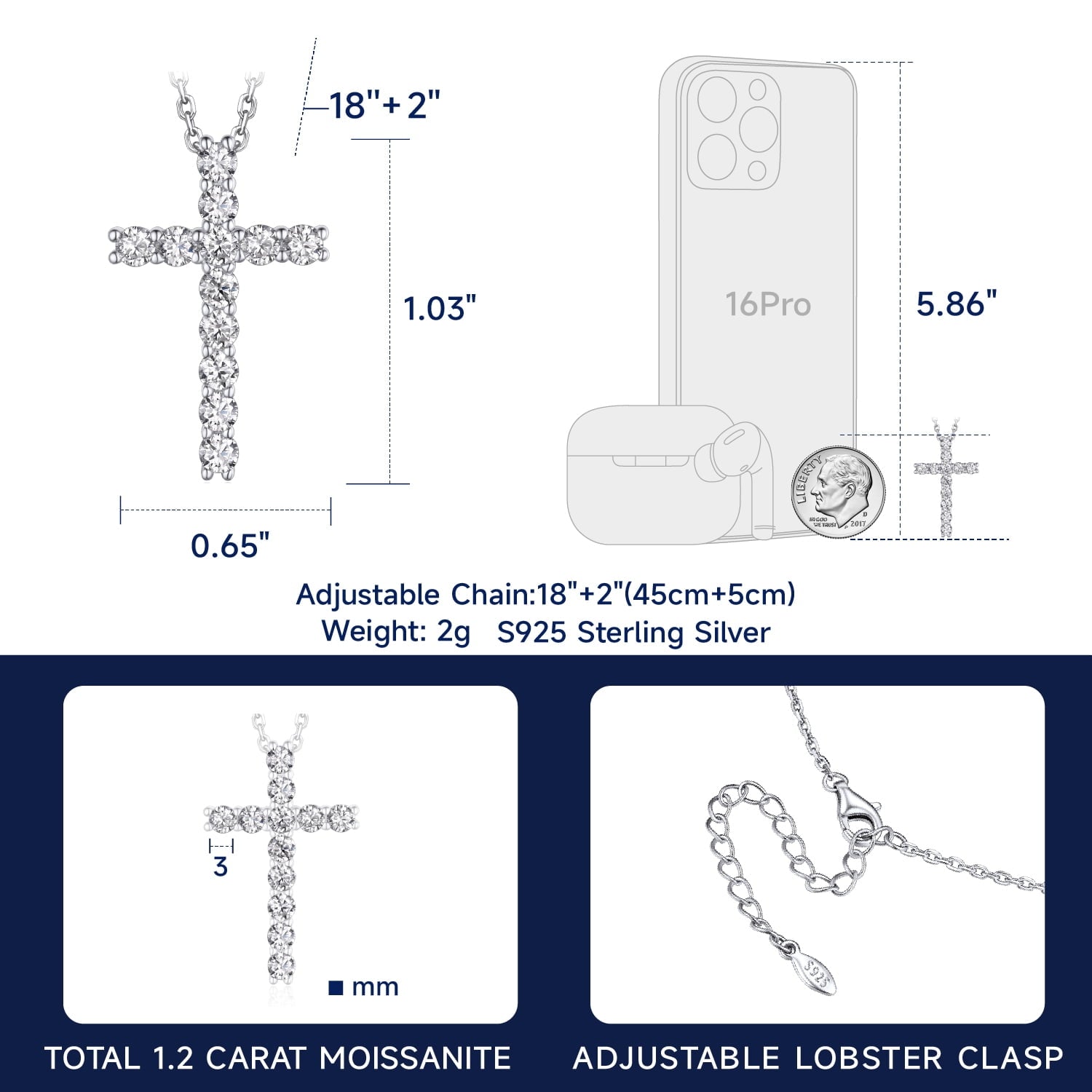 Cross Necklace for Women 1 Cross Pendant 925 Sterling Easter Christian Jewelry Gifts