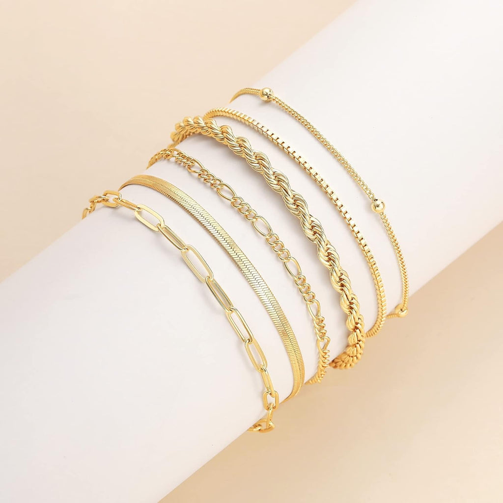 Bracelets for Women Waterproof, 14K Plated Stackable Dainty Chain Bracelet Set, Cuban Link &amp; Paperclip Styles, Jewelry Gifts for , , 's Day