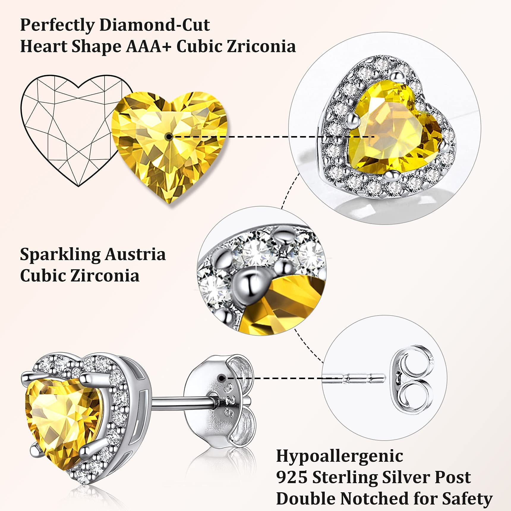 Stud Earrings for Women, 925 Sterling Heart Created Diamond Studs Earrings / Gifts - September