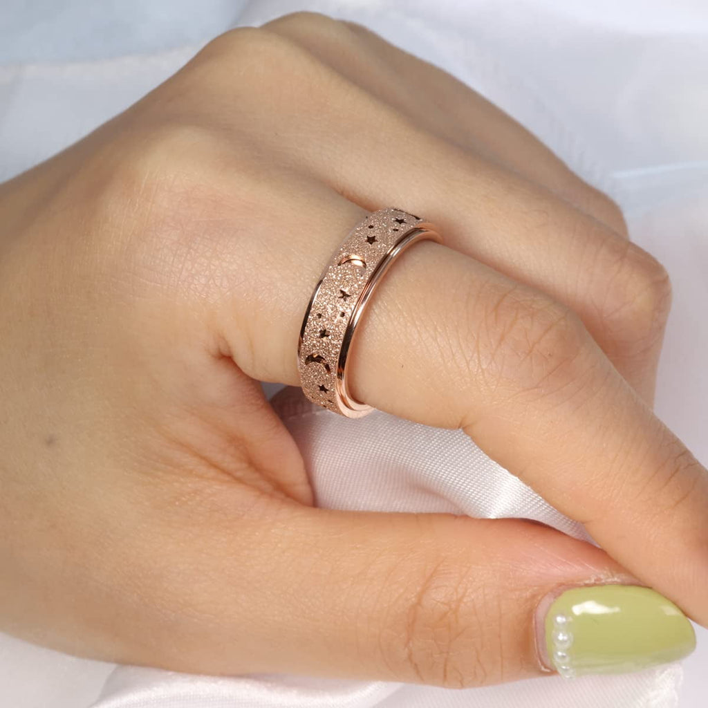 Anxiety Ring for Women Men, Anxiety Fidget Relief Spinner Rings Stainless Steel Worry Stress Relieve Ring Band Set for Anxiety Women Men，Anxiety Ring-Moon Star, Sandblasted Finished,Rainbow-Size6