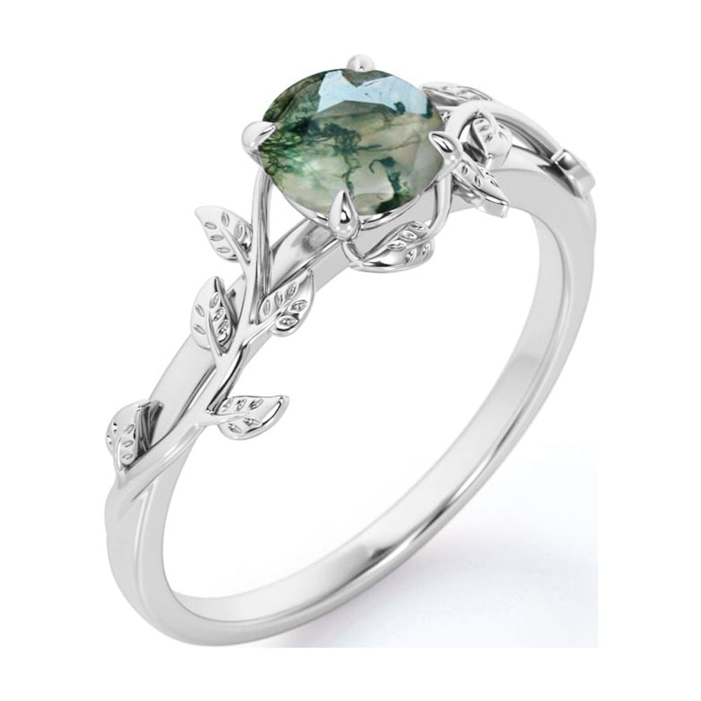 Nature Inspired 0.50 Green Moss Agate Solitaire Engagement Ring - Forest Ring - 18K White Plating for Women