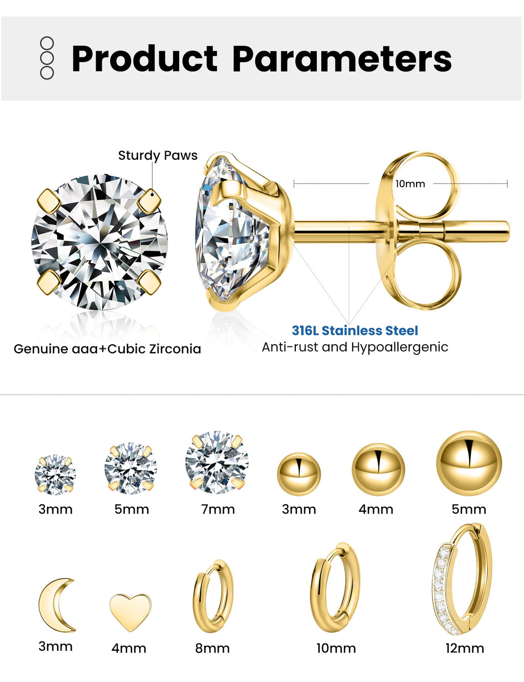 6 Pairs Stud Earrings Hypoallergenic Surgical Steel Cubic Zirconia Earrings