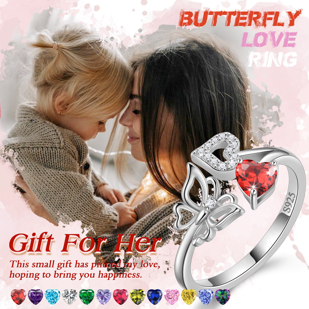 Rose Heart Ring,925 Sterling Adjustable Open Heart Rings Jewelry Gifts for Women Mom -December
