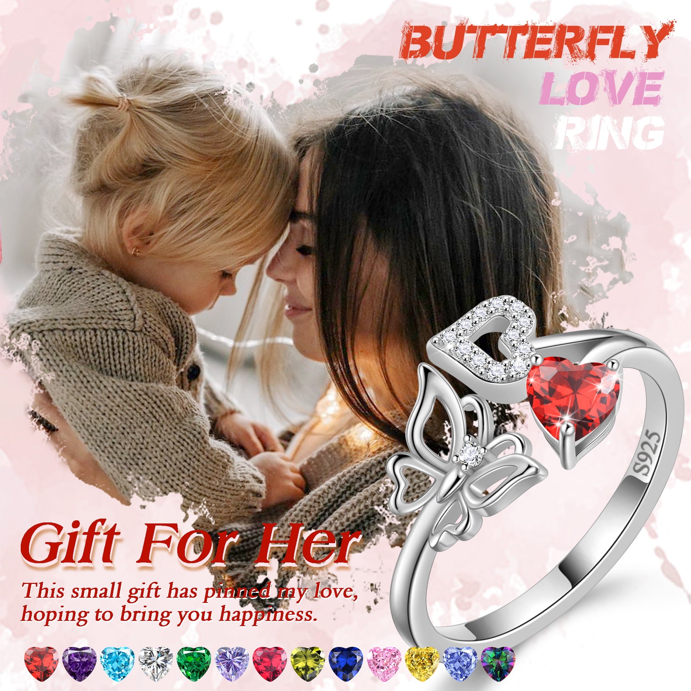 Rose Heart Ring,925 Sterling Adjustable Open Heart Rings Jewelry Gifts for Women Mom -December